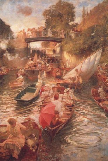 Edward john Gregory,RA.RI Boulter's Lock-Sunday Afternoon Spain oil painting art